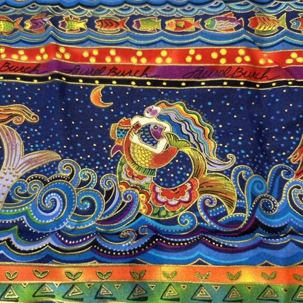 Sea Spirits Laurel Burch Cotton Fabric Mermaids Tropical Fish Colorful 1 Yard